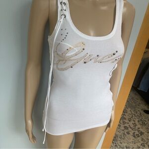 GUESS White Ribbed Lace-Up Tank with Gold Script